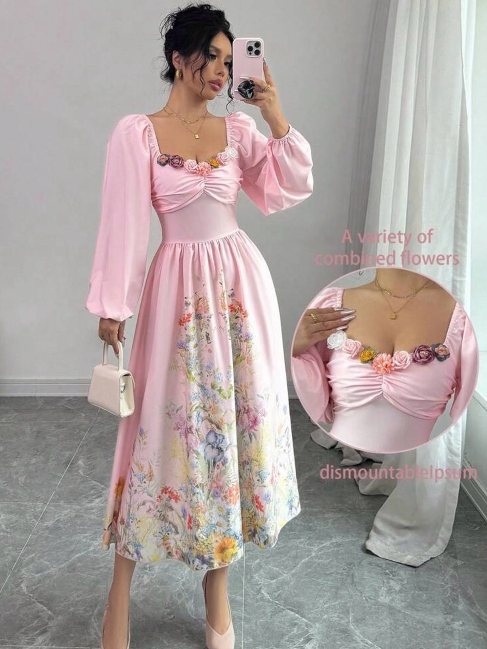 Elegant Pink Floral Puff-Sleeve Midi Dress